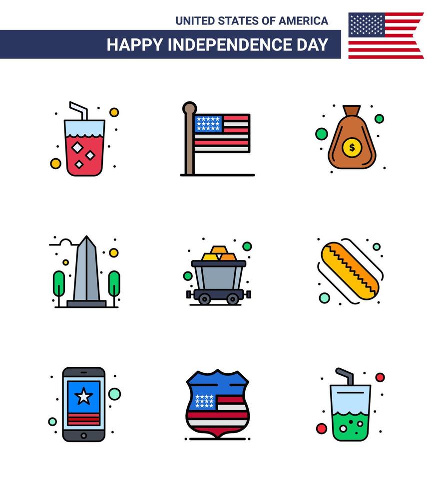 feliz dia da independência pacote de 9 linhas planas preenchidas sinais e símbolos para carrinho eua dólar vista marco editável dia eua vetor elementos de design