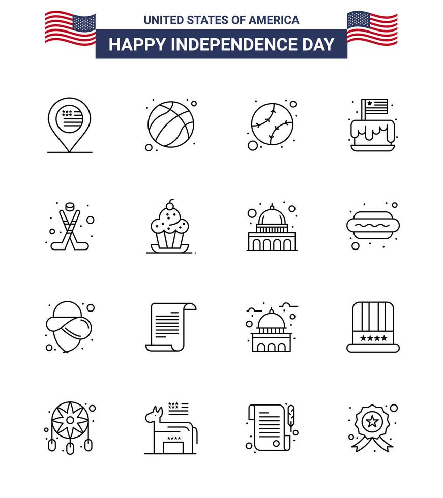 grupo de 16 linhas definidas para o dia da independência dos estados unidos da américa, como festa americana festival da independência americana editável dia dos eua vetor elementos de design