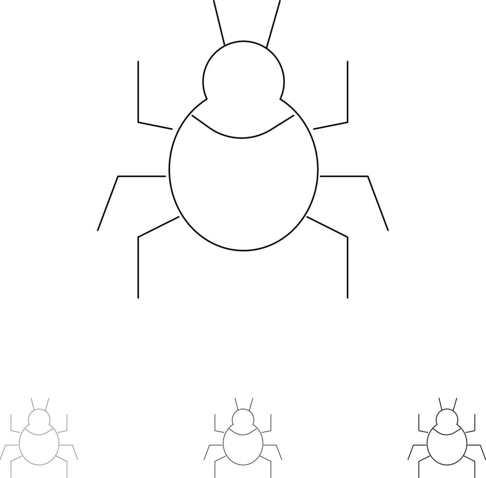 conjunto de ícones de linha preta em negrito e fino de vírus da natureza de bug indiano vetor