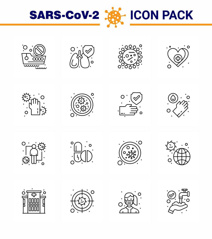 conjunto de ícones de 16 linhas de proteção covid19, como coronavírus de cuidados sujos, coração médico, coronavírus viral, doença de 2019nov, elementos de design vetorial vetor