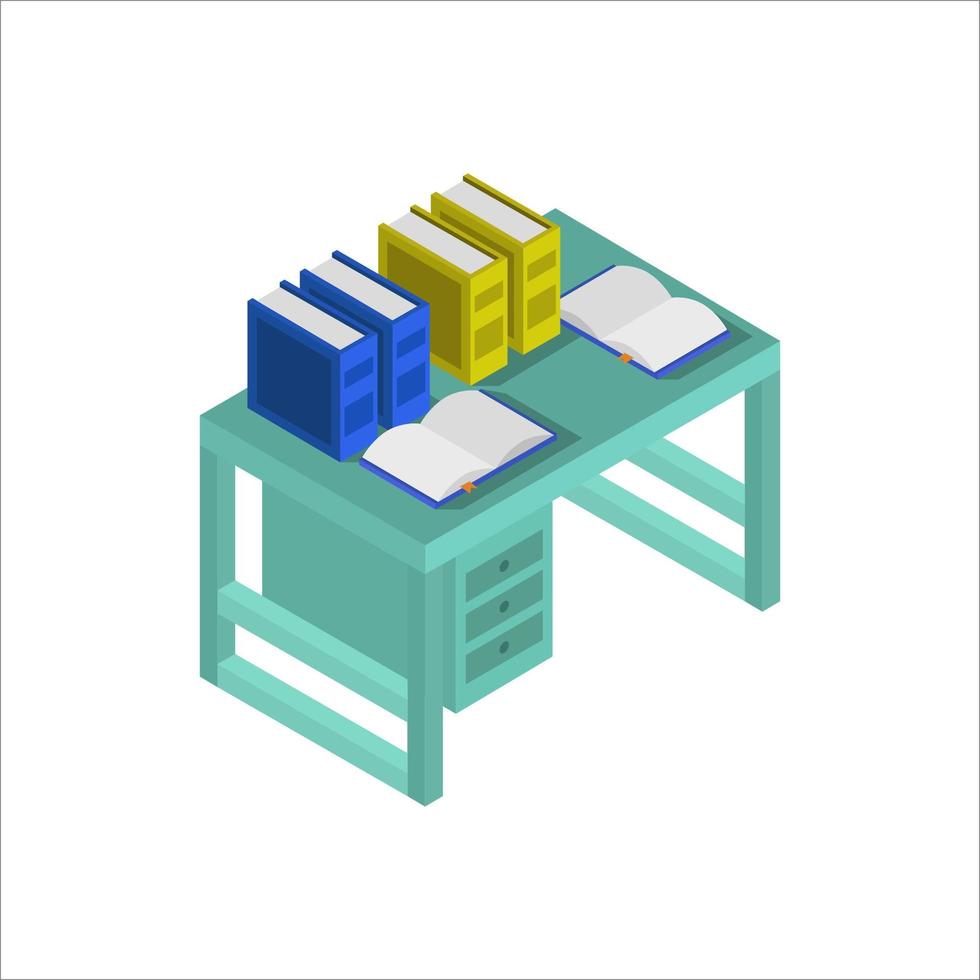 mesa com livros isométricos em fundo branco vetor