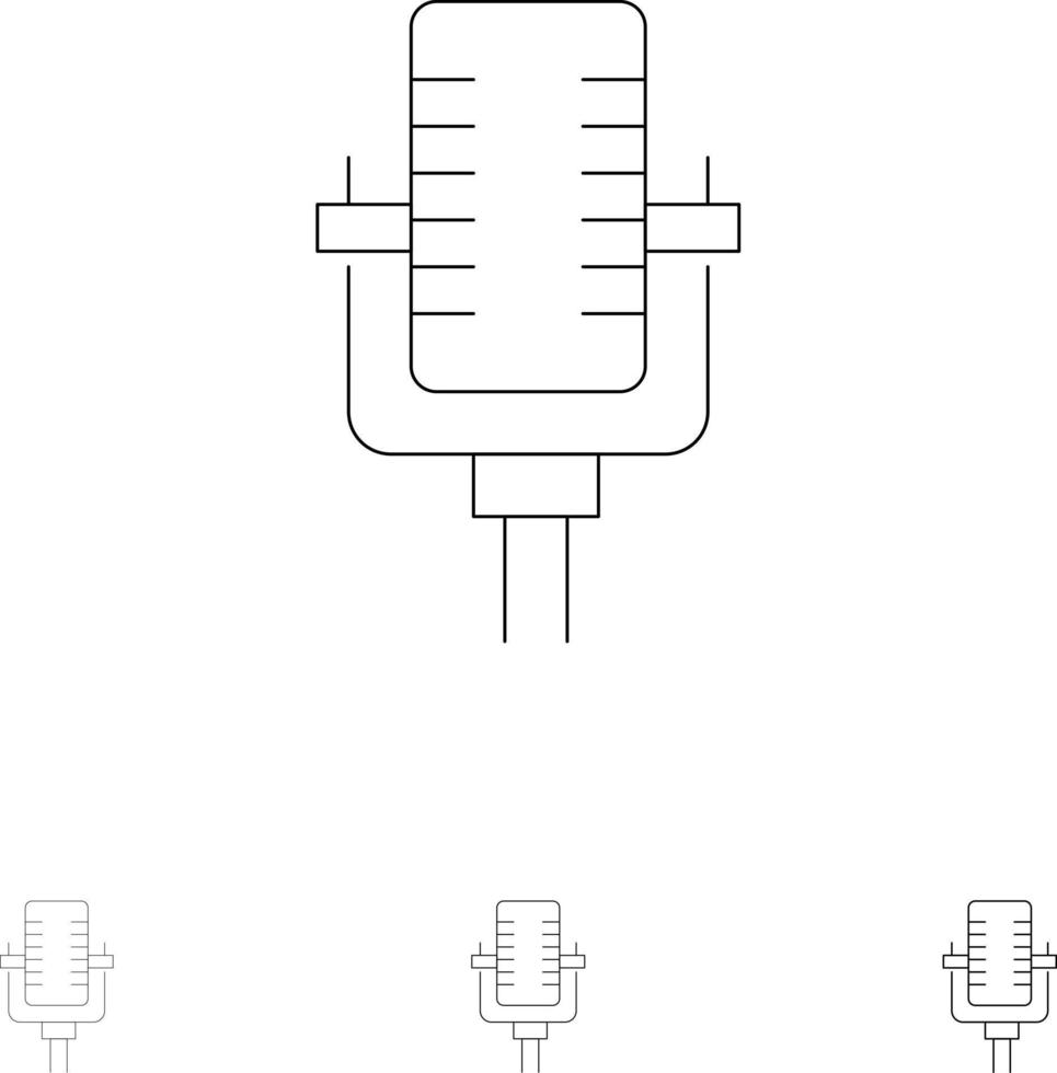 microfone multimídia gravar música negrito e fino conjunto de ícones de linha preta vetor