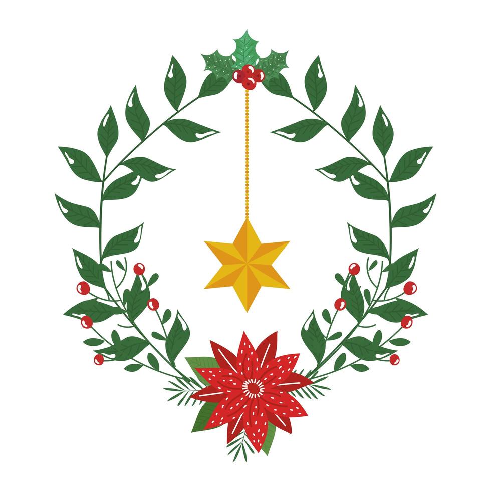 coroa decorativa de natal com flor e estrela pendurada vetor