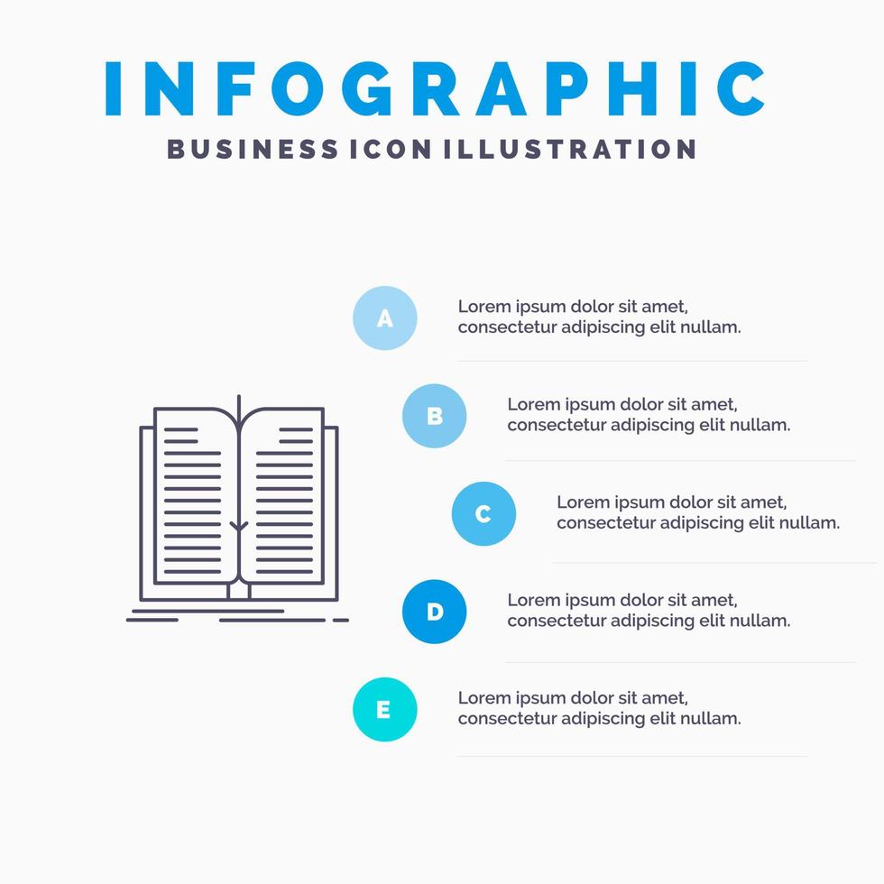 ícone de linha de livro de transferência de arquivo de aplicativo com fundo de infográficos de apresentação de 5 etapas vetor