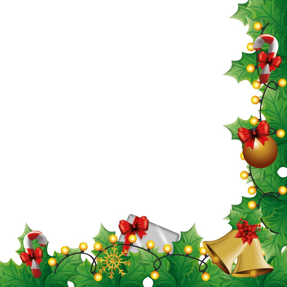 folhas decorativas com luzes de natal e enfeites vetor