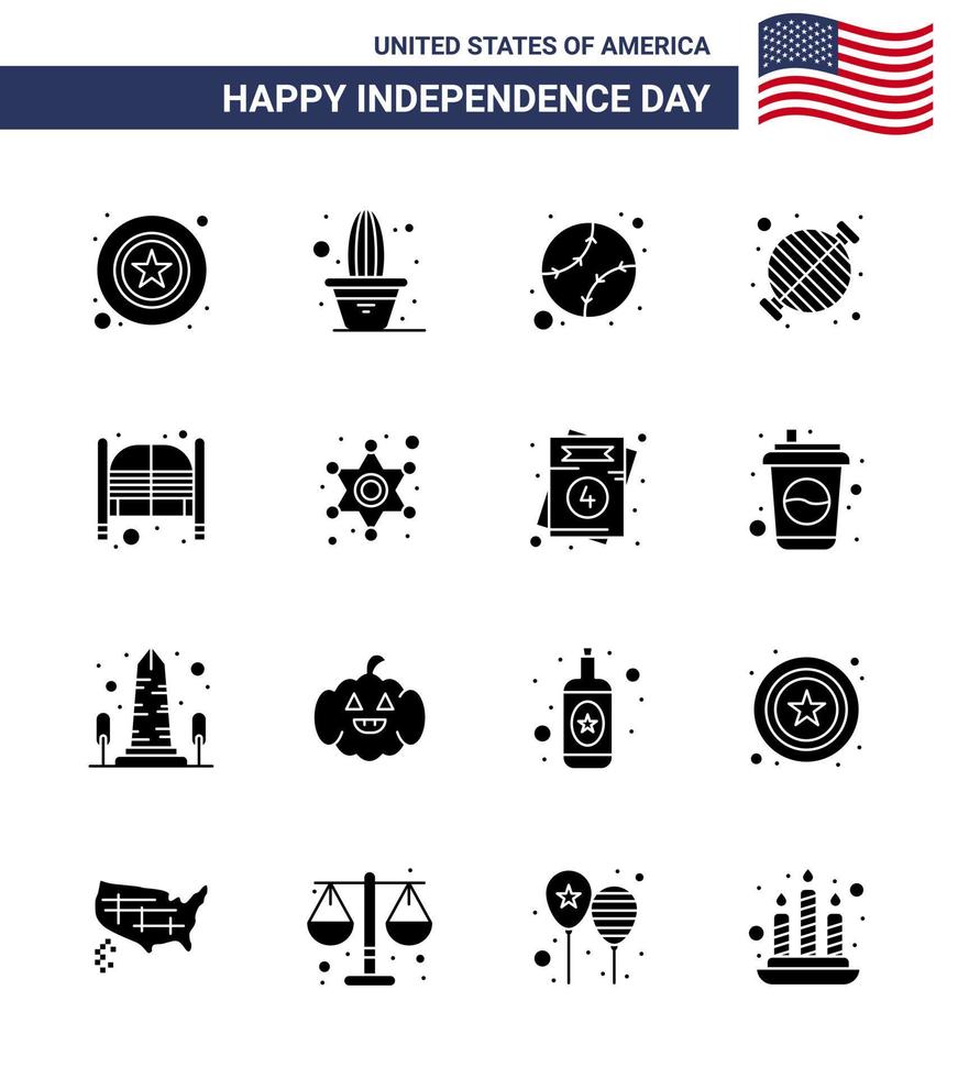 4 de julho eua feliz dia da independência ícone símbolos grupo de 16 glifos sólidos modernos de grelha de bar comida de churrasco americana editável dia dos eua vetor elementos de design