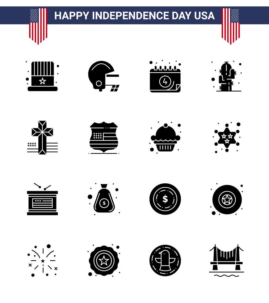 16 sinais de glifos sólidos dos eua símbolos de celebração do dia da independência da igreja calendário americano flor do deserto editável dia dos eua vetor elementos de design
