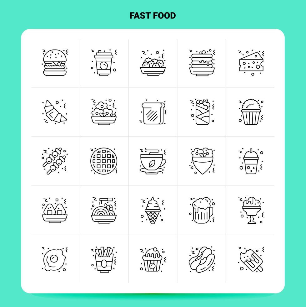 delinear 25 conjunto de ícones de fast food vetor design de estilo de linha ícones pretos conjunto de pictograma linear pacote de ideias de negócios móveis e web design ilustração vetorial