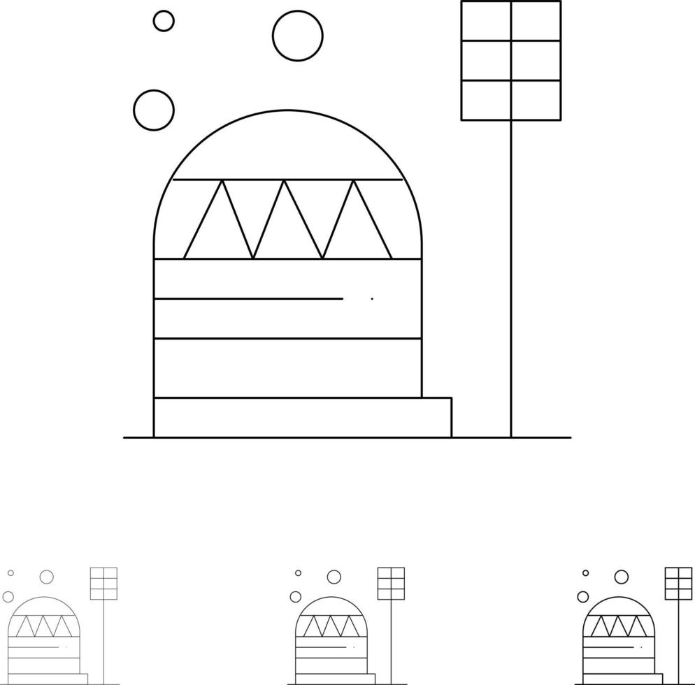 habitação de cúpula de construção de colônia de base conjunto de ícones de linha preta em negrito e fino vetor