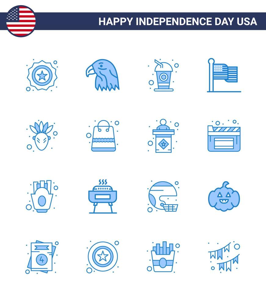 dia da independência dos eua conjunto azul de 16 pictogramas dos eua de nativo americano garrafa dos eua ação de graças americana editável dia dos eua elementos de design vetorial vetor