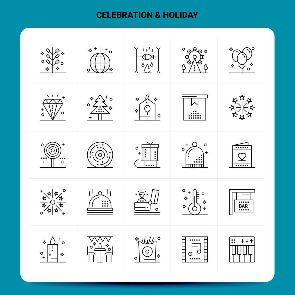esboço 25 conjunto de ícones de férias de celebração vetor design de estilo de linha ícones pretos conjunto de pictograma linear pacote de ideias de negócios móveis e web design ilustração em vetor