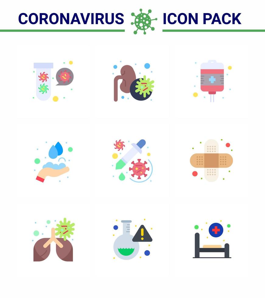 conjunto de ícones covid19 para infográfico 9 pacote de cores planas, como drogas, vírus médico, mãos, cuidados de saúde, coronavírus viral, elementos de design de vetor de doença de 2019nov
