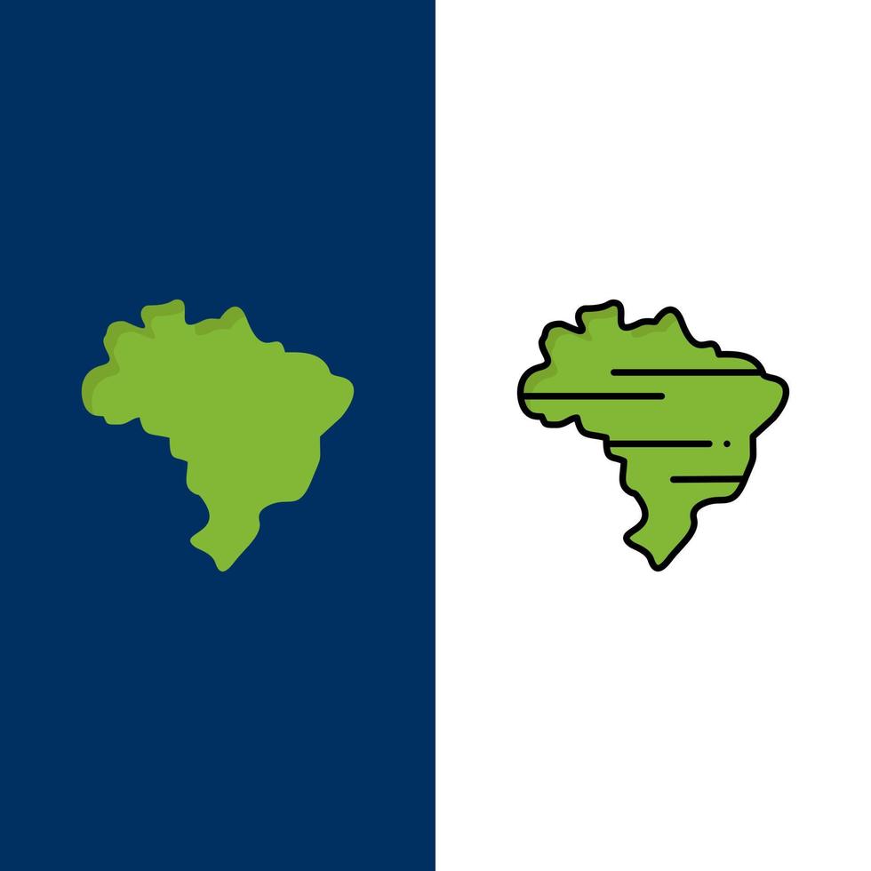 ícones do país do mapa do brasil plano e conjunto de ícones cheios de linha vector fundo azul