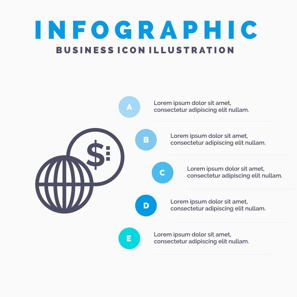 ícone de linha moderna de mercados globais de negócios com fundo de infográficos de apresentação de 5 etapas vetor