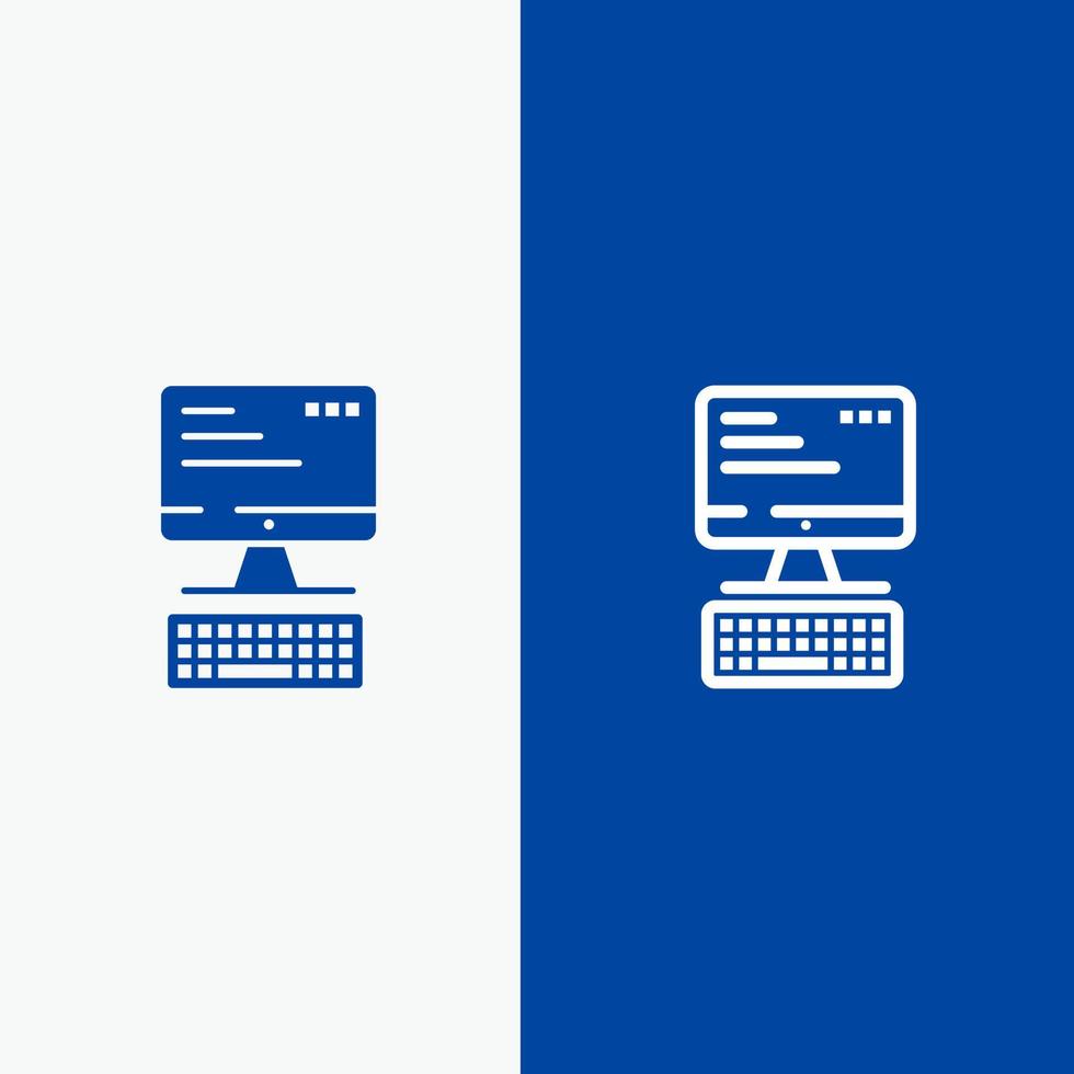 linha de computação de monitor de teclado de computador e ícone sólido glifo bandeira azul vetor