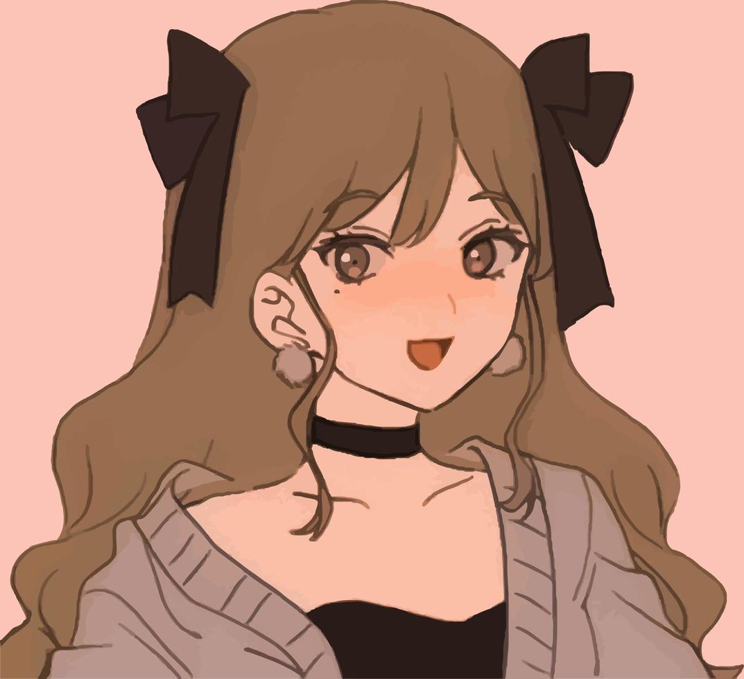 garota de anime com laços no cabelo e em um cardigã vetor