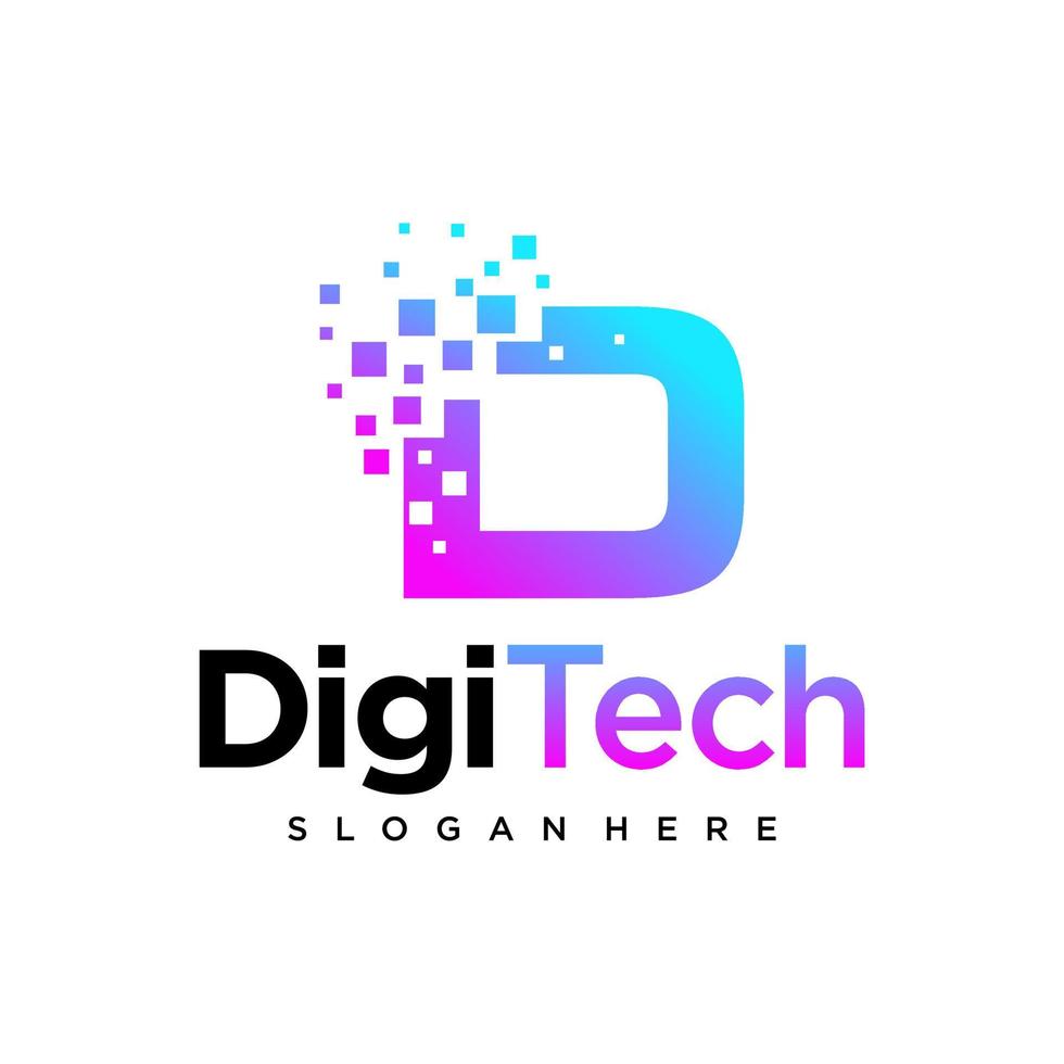 modelo de design de logotipo de letra d inicial de pixel de tecnologia digital vetor