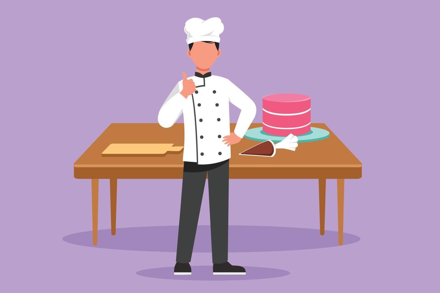 o chef de desenho em estilo plano dos desenhos animados fica com um gesto de polegar para cima e o uniforme de cozinha prepara os ingredientes para cozinhar os melhores pratos. chef masculino com mesa e bolo. ilustração vetorial de design gráfico vetor