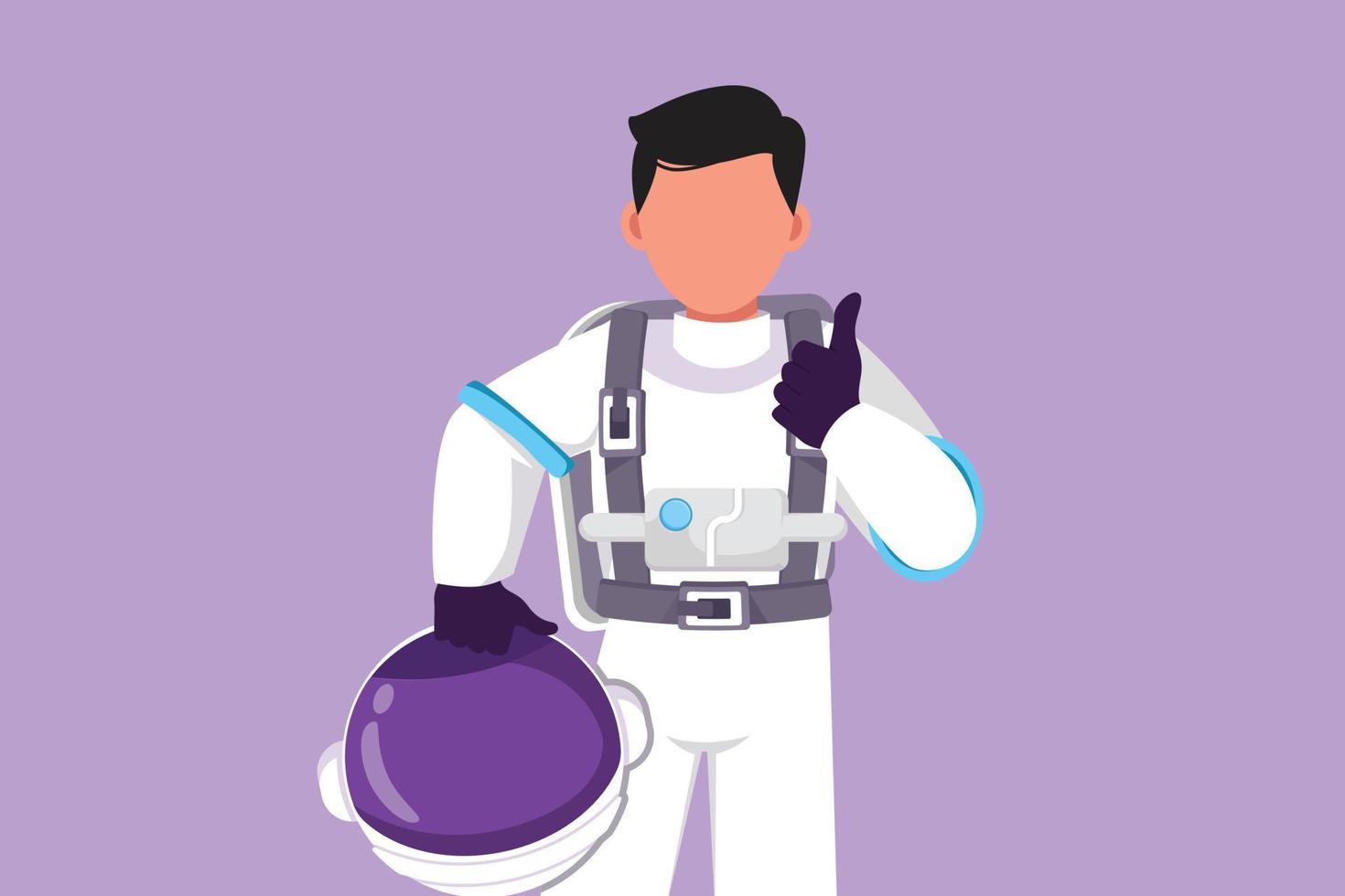 desenho plano de personagem de astronauta masculino segurando capacete com gesto de polegar para cima usando traje espacial e pronto para explorar o espaço sideral em busca dos mistérios do universo. ilustração vetorial de design de desenho animado vetor