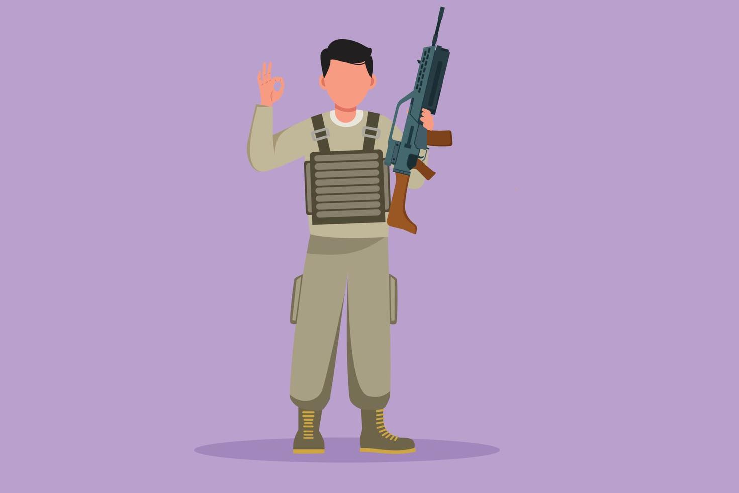 design gráfico plano desenhando galantes soldados do sexo masculino ou exército em pé com arma, uniforme completo e gesto ok servindo o país com a força das forças militares. ilustração vetorial de estilo cartoon vetor