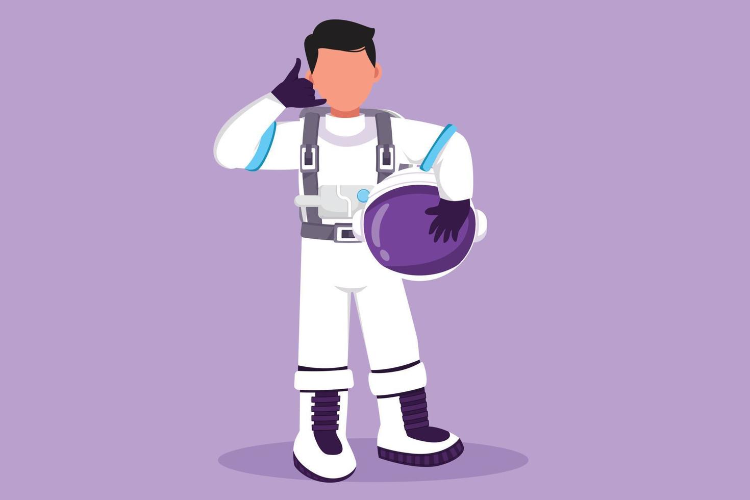 astronauta de desenho plano de personagem em pé com o gesto de me chamar usando traje espacial explorando a terra, a lua e outros planetas no universo. astronauta iniciar expedição espacial. ilustração vetorial de design de desenho animado vetor