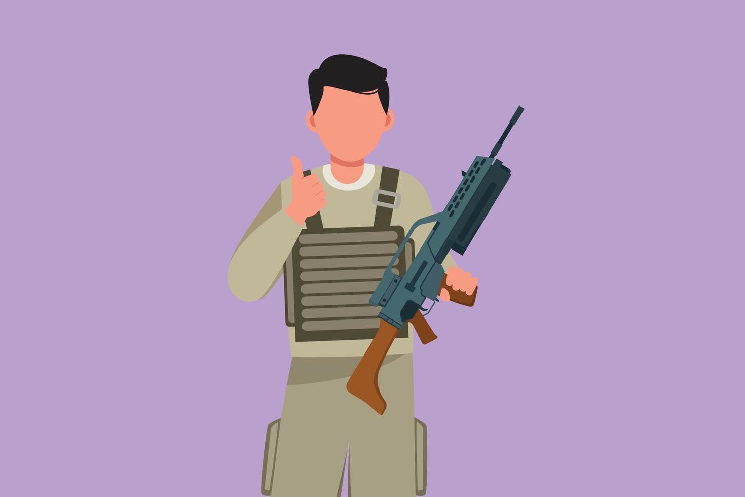 estilo simples dos desenhos animados desenhando soldado masculino em uniformes completos, segurando armas com gesto de polegar para cima, pronto para defender o país no campo de batalha contra o inimigo. exército de plantão. ilustração vetorial de design gráfico vetor