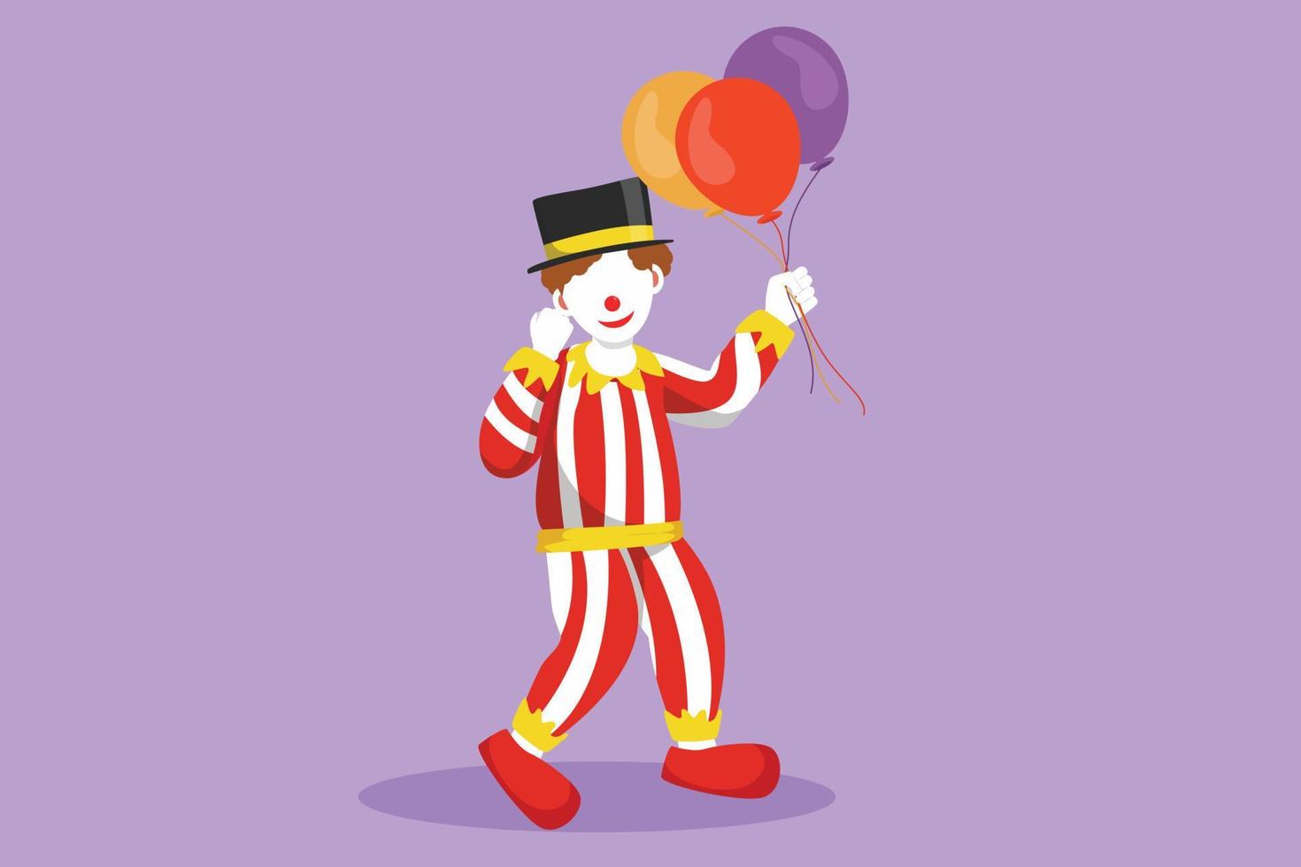 desenho plano de personagem de palhaço feliz em pé e segurando balões com gesto de comemoração, usando chapéu e fantasia de palhaço pronto para entreter o público no show de circo. ilustração vetorial de design de desenho animado vetor