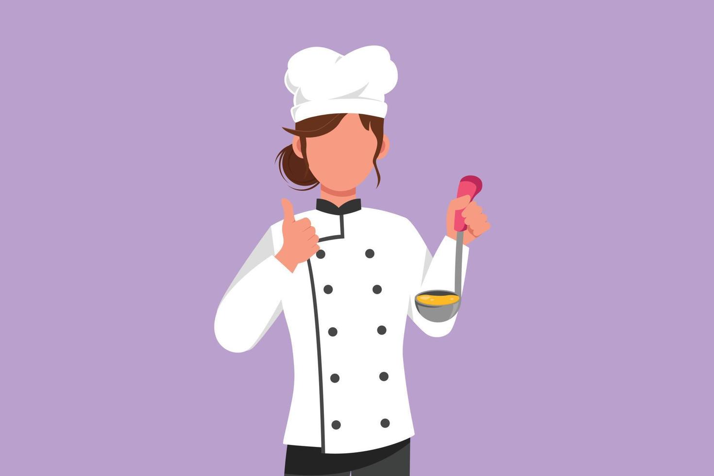 design plano gráfico desenhando chef feminino segurando concha com polegares para cima gesto e degustação de sopa deliciosa. vestindo uniforme pronto para cozinhar comida para os hóspedes no restaurante. ilustração vetorial de estilo cartoon vetor