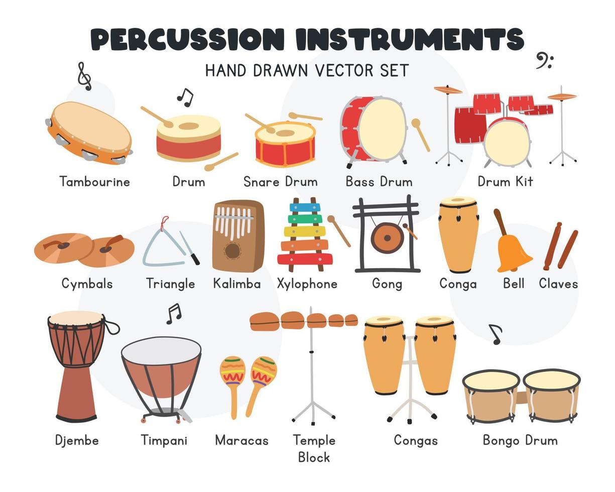 conjunto de vetores de instrumentos de percussão. pandeiro simples e fofo, bateria, pratos, conga, bongô, maracas, triângulo, gongo, kalimba percussão família instrumento musical clipart estilo cartoon, rabisco desenhado à mão