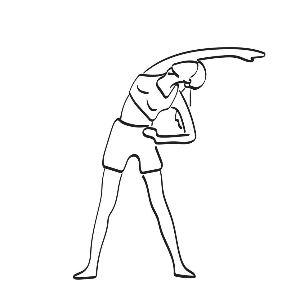 mulher esticando os braços na mão de vetor de ilustração de aula de ioga desenhada isolada na arte de linha de fundo branco.