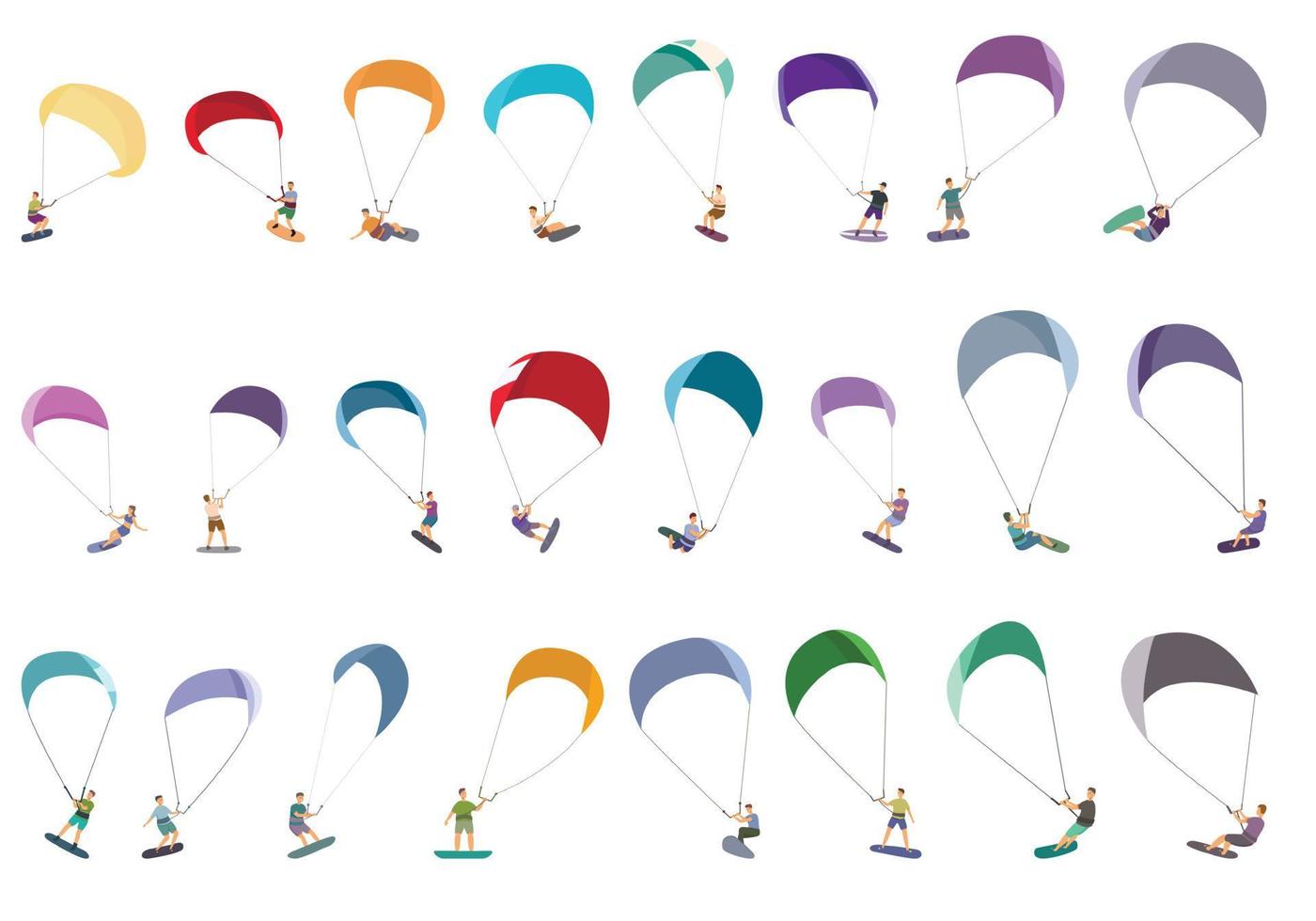 conjunto de ícones de kitesurf vetor dos desenhos animados. pipa esportiva