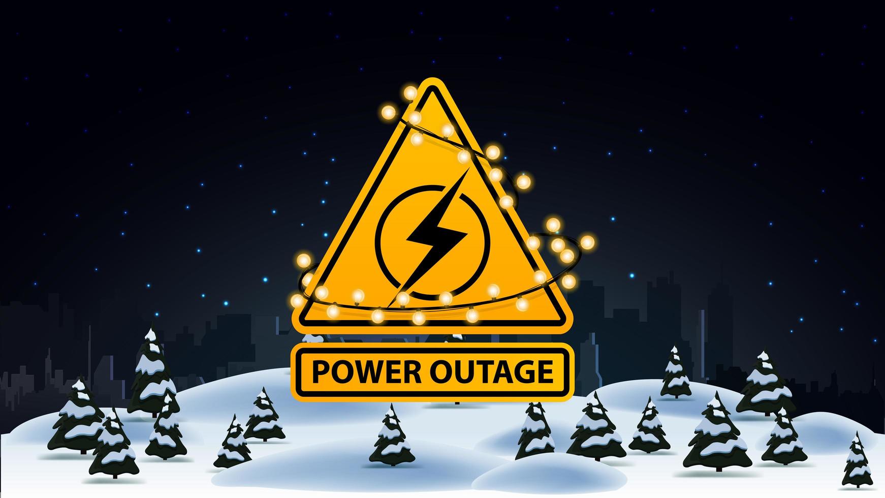 queda de energia, logotipo de aviso amarelo embrulhado com uma guirlanda no fundo da cidade sem eletricidade e paisagem de inverno vetor