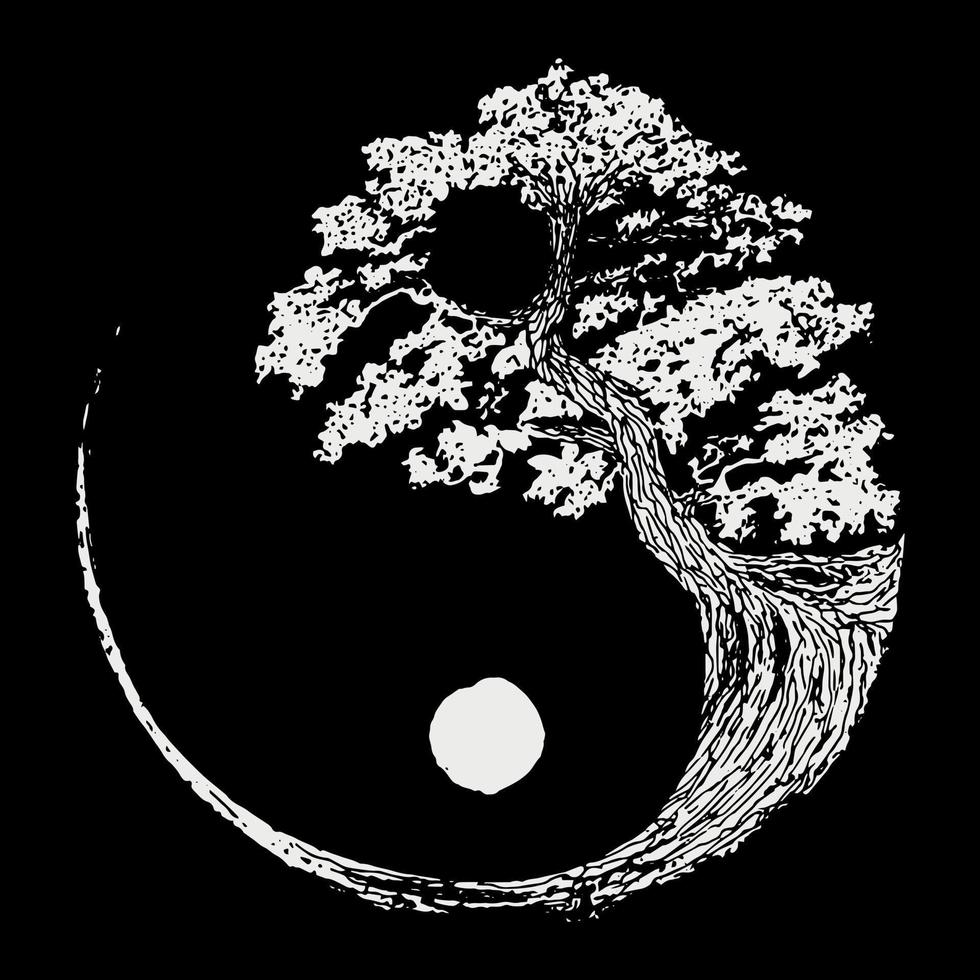 árvore bonsai preto e branco no símbolo yin yang vetor