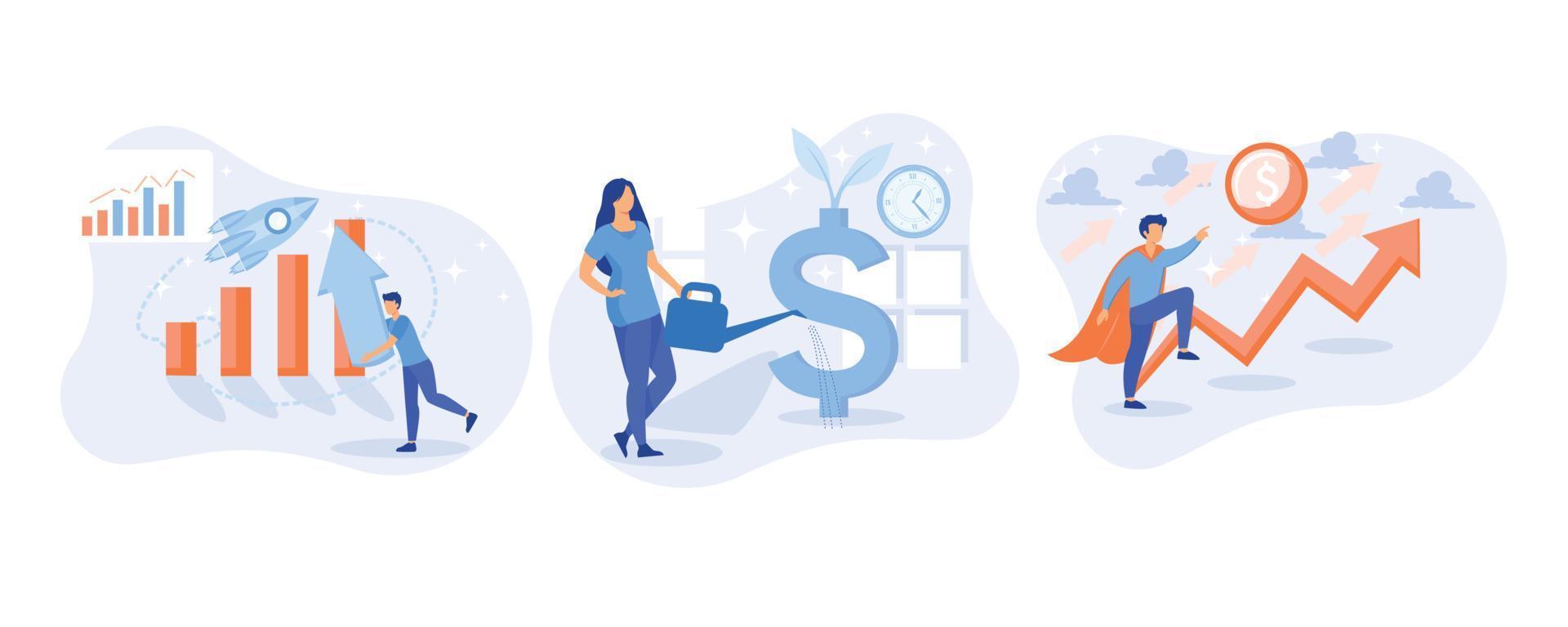 conjunto de ilustração de crescimento financeiro. personagens analisando investimentos, comemorando o sucesso financeiro e o crescimento do dinheiro. conceito de aumento de dinheiro. definir ilustração moderna de vetor plano