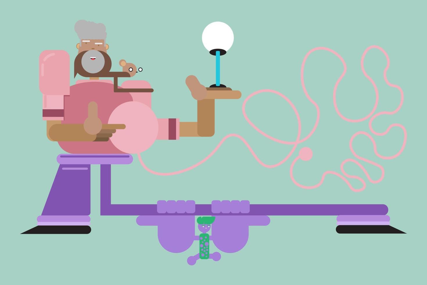 ilustração de um design plano de doodle de homem mostrando uma lâmpada de jardim e um rato e um menino brincando em um balanço colorido relaxante mente em design vetor