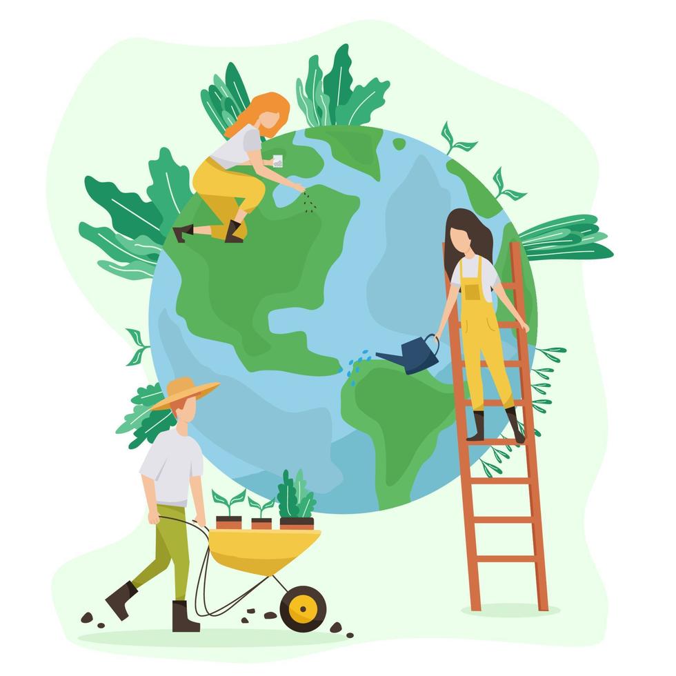 conceito de ecologia. as pessoas cuidam da ecologia do planeta. proteja a bandeira da natureza e da ecologia. Dia da Terra. globo com árvores, plantas e pessoas voluntárias. vetor