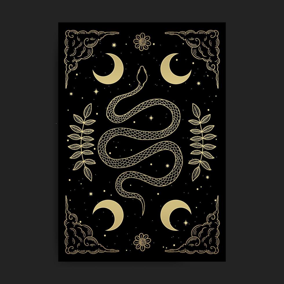 símbolo de cobra de geometria sagrada com decoração de lua crescente e folha vetor