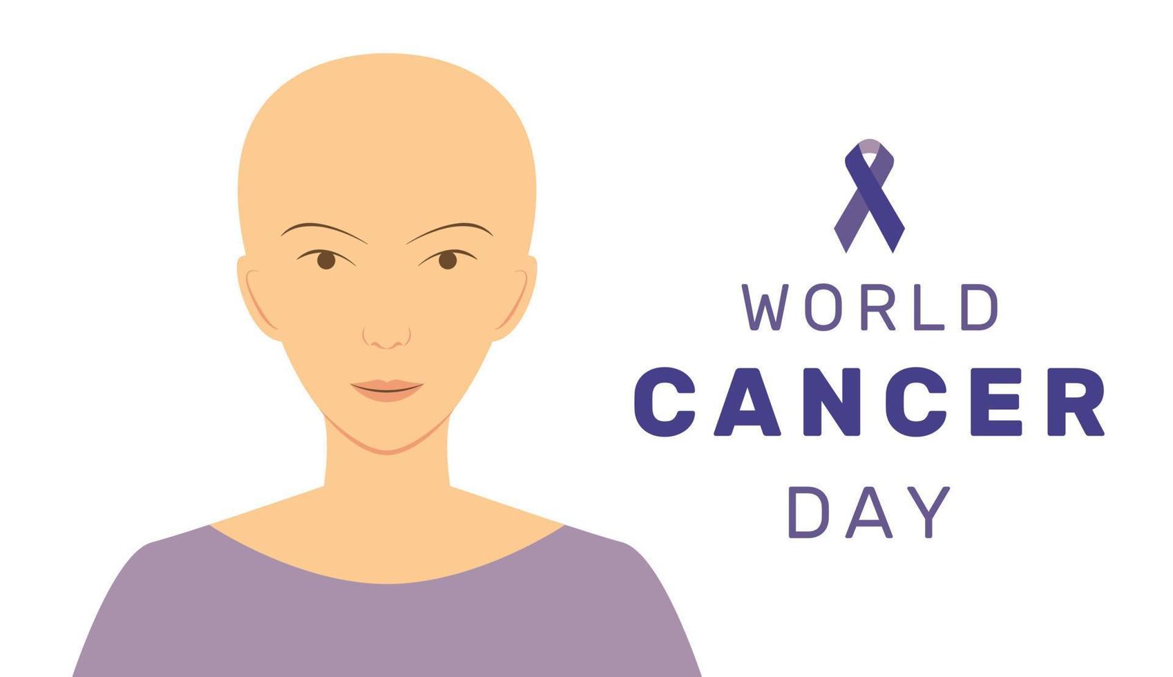ilustração vetorial do dia mundial do câncer com fita roxa e mulher careca de desenho animado vetor