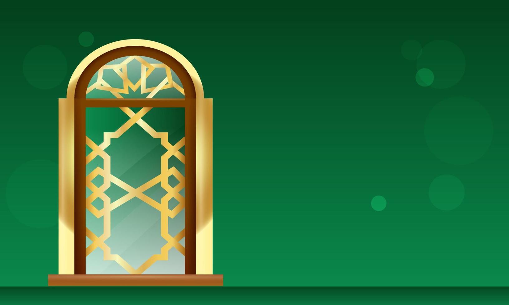 Banner de feriado islâmico moderno 3d em design monótono verde. exibição com portal da mesquita do ramadã. vetor