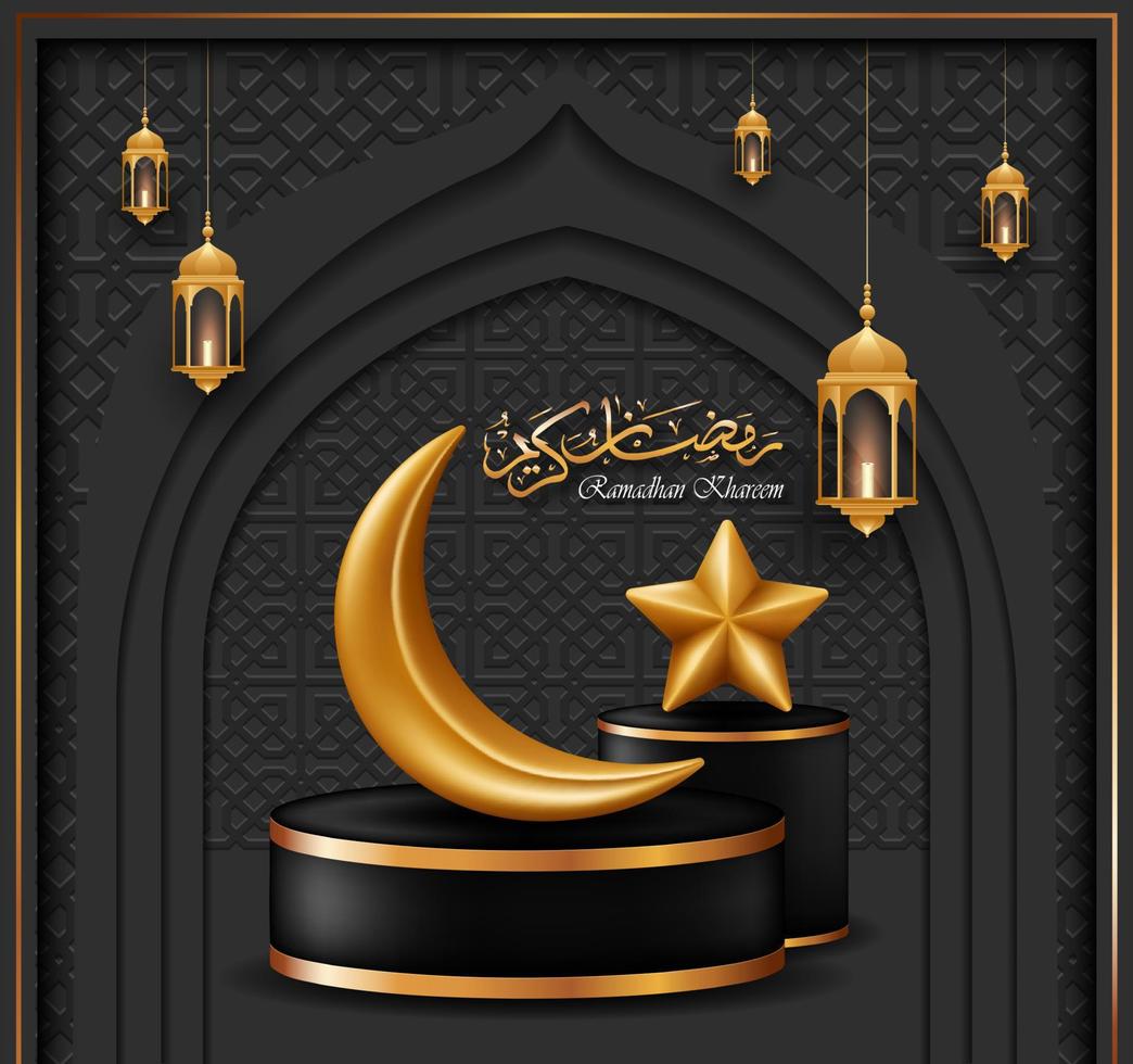 modelos de ramadan kareem. cartão islâmico com decoração dourada, lua. estrela, lanterna e pódio, isolados no fundo preto. ilustração em vetor 3D