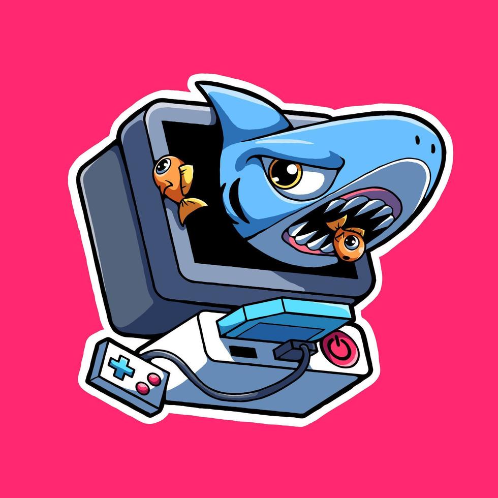 ilustração vetorial representando uma televisão e console de jogos com um tubarão e alguns peixes saindo dele vetor