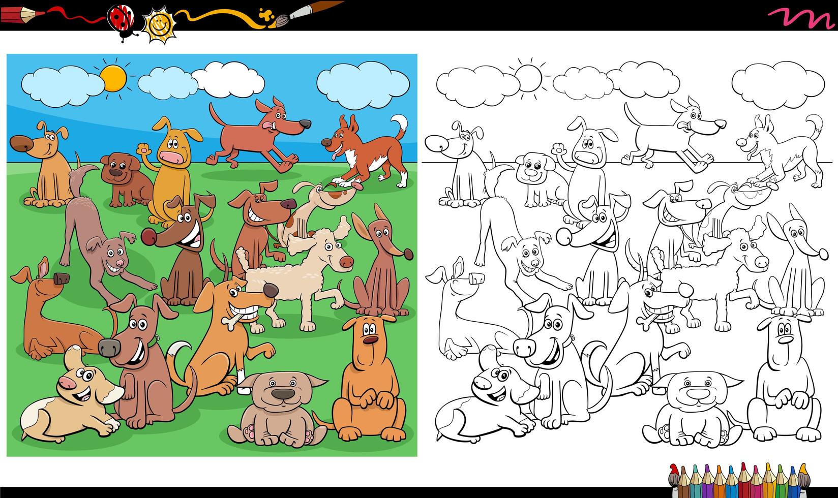 página do livro para colorir de personagens de cachorros e cães vetor