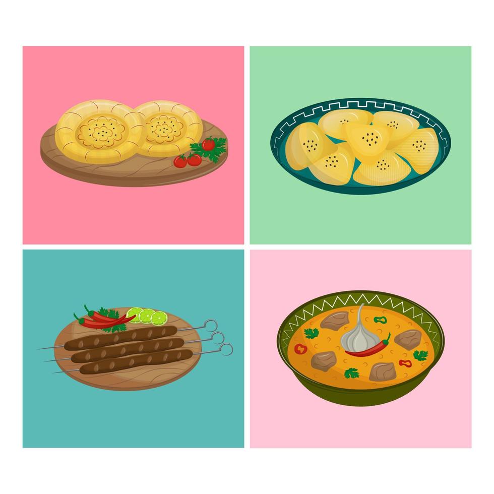 conjunto de pratos da cozinha caucasiana. comida asiática tradicional. comida rápida, comida de rua. ilustração vetorial. desenho animado. vetor