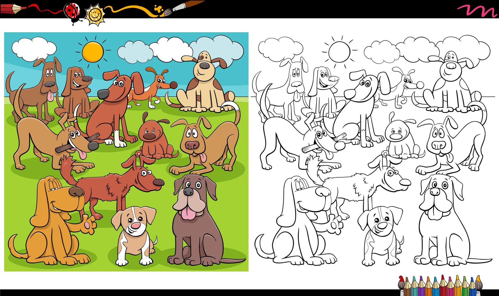 página do livro para colorir do grupo de personagens de cães brincalhões vetor