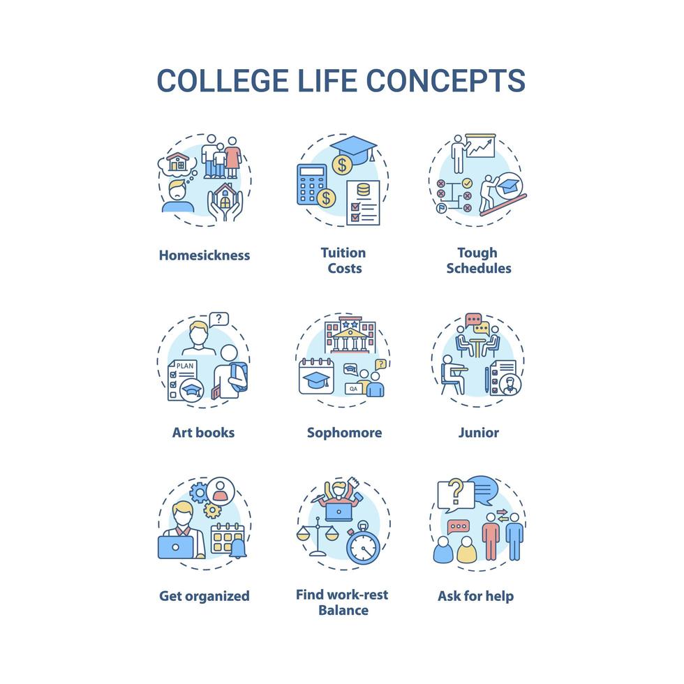 conjunto de ícones de conceito de vida universitária vetor