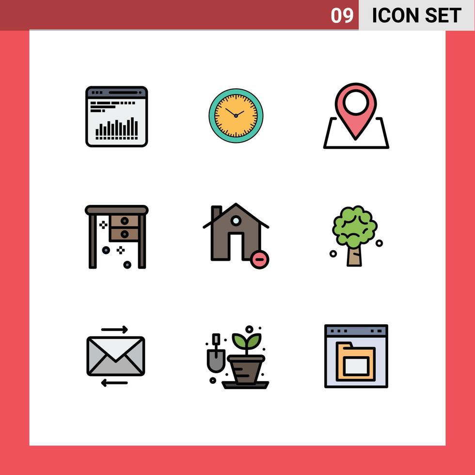 9 interface do usuário pacote de cores planas de linha cheia de sinais e símbolos modernos de localização de edifícios imobiliários, mesa de trabalho, escritório, elementos de design vetorial editáveis vetor