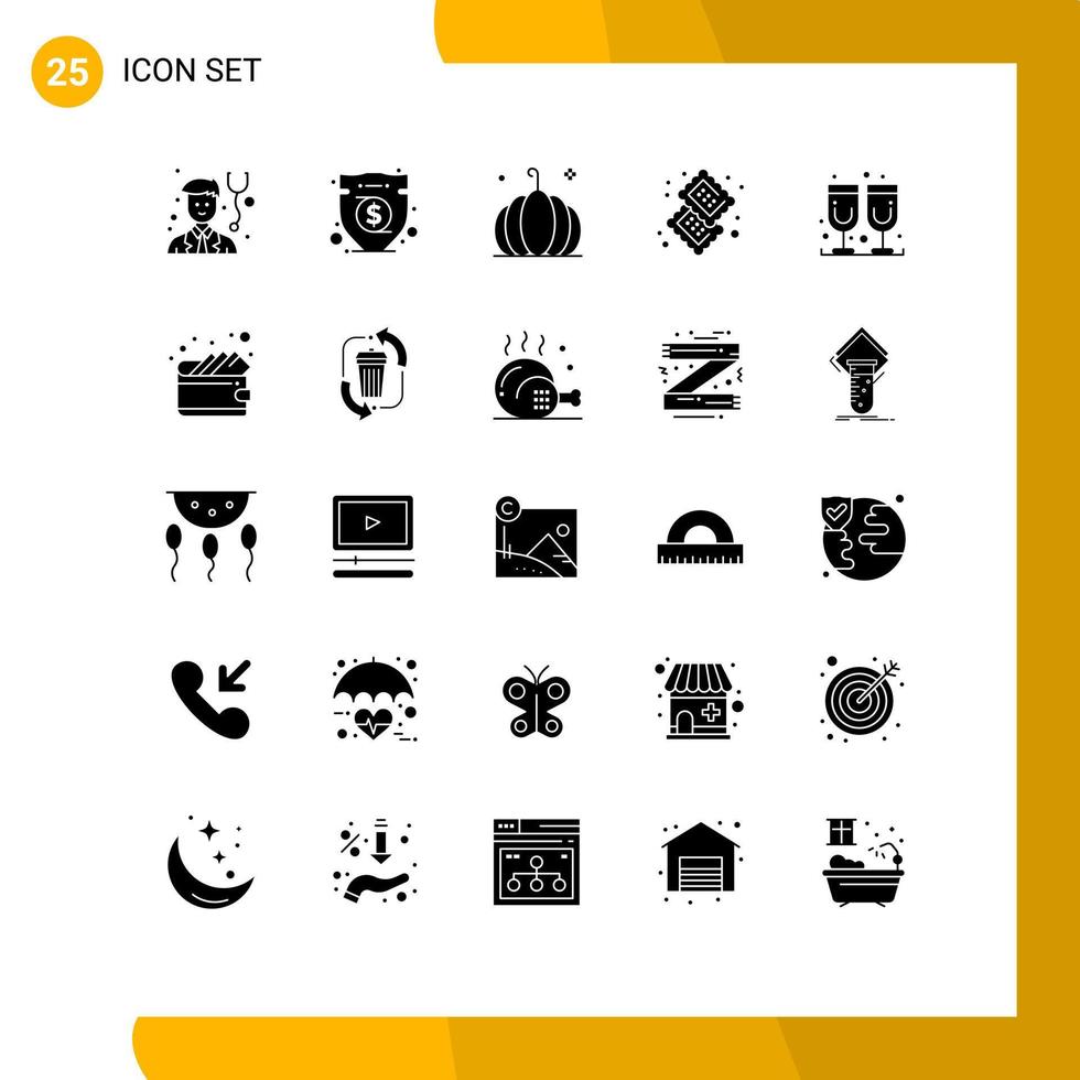 25 interface do usuário pacote de glifos sólidos de sinais modernos e símbolos de suco de abóbora doce comida biscoito elementos de design de vetores editáveis
