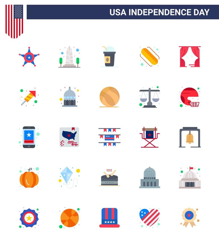 feliz dia da independência dos eua conjunto de pictogramas de 25 apartamentos simples de estados de lazer estados de cachorro-quente de washington editáveis elementos de design do vetor do dia dos eua