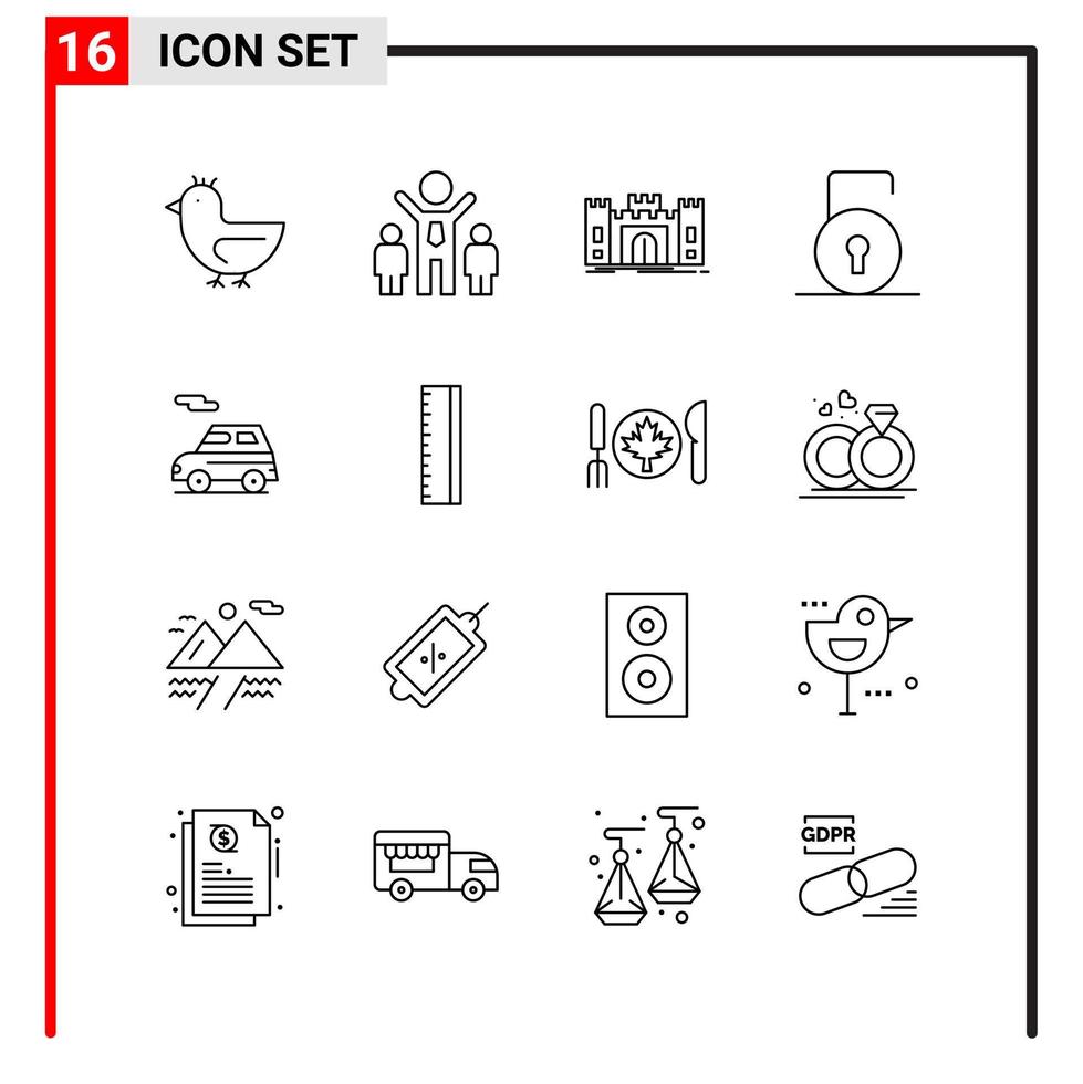 16 ícones gerais para impressão de design de sites e aplicativos móveis. 16 sinais de símbolos de contorno isolados no fundo branco. 16 pacote de ícones. vetor