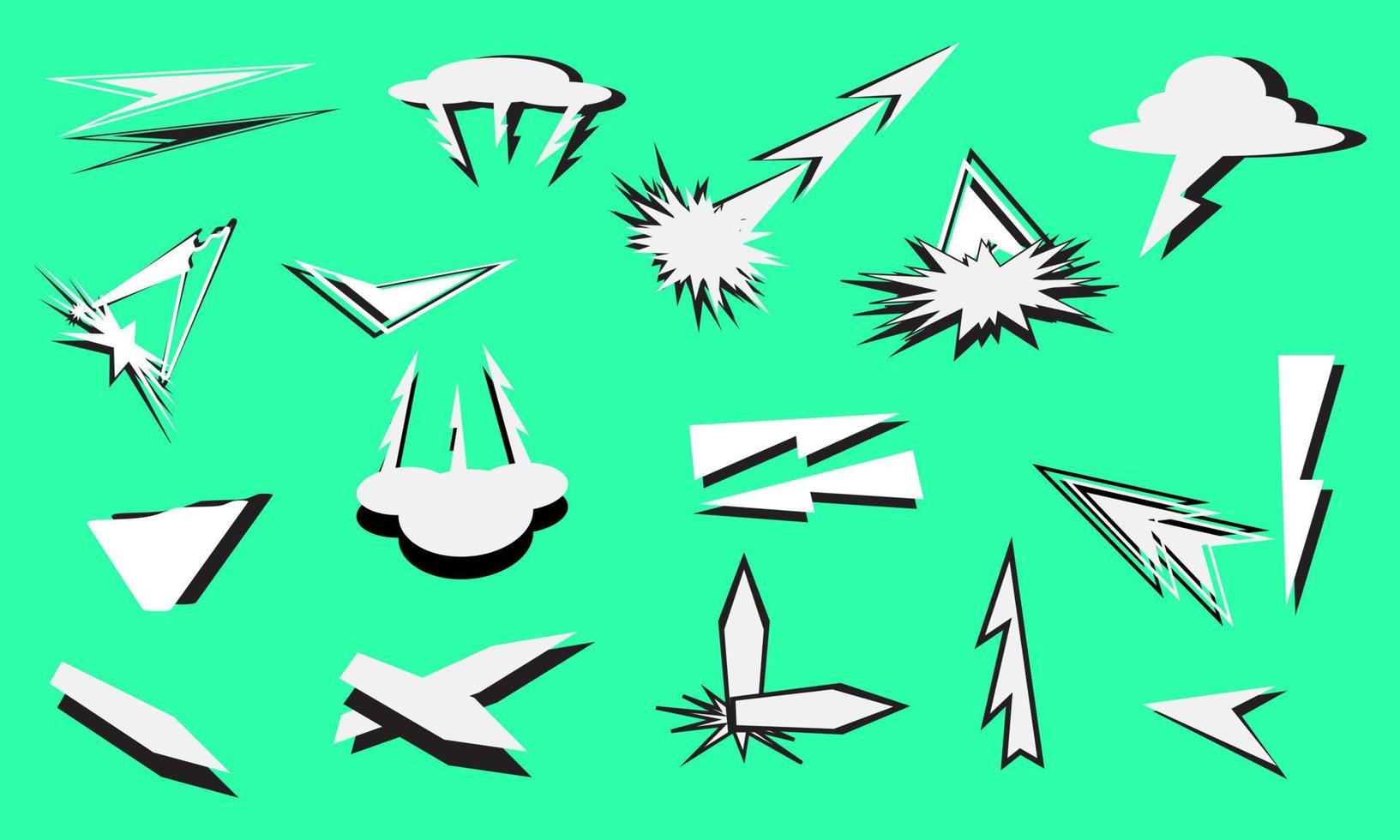 conjunto de ícones de silhueta de explosão de marca de seta de direção elemento decorativo ilustração em vetor de fundo de quadrinhos